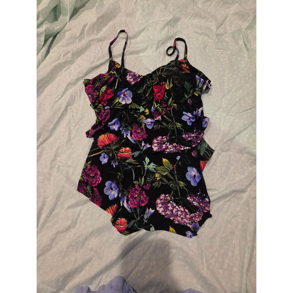 Magicsuit Floral Ruffle Tiered tankini Black Multi Womens Size 8
